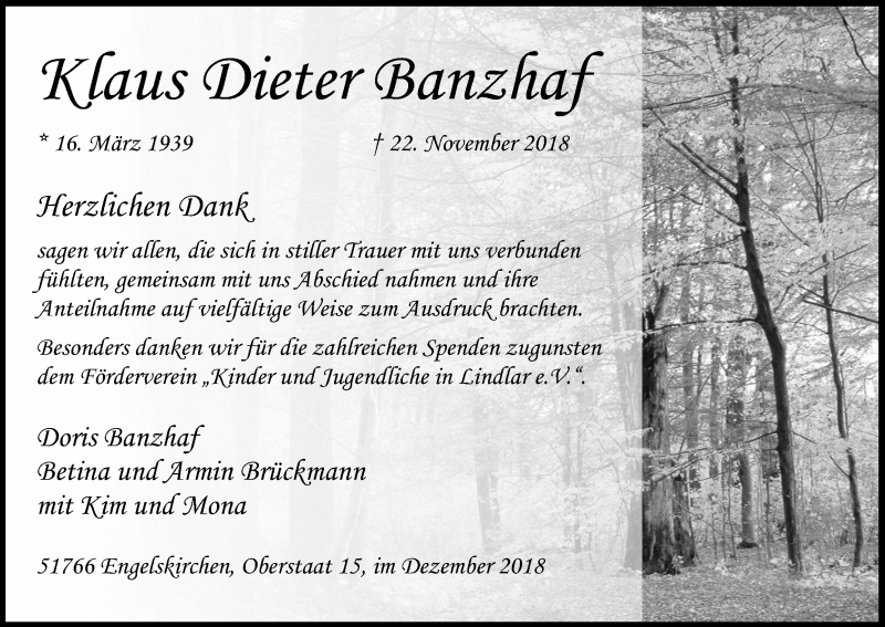  Traueranzeige für Klaus Dieter Banzhaf vom 15.12.2018 aus Kölner Stadt-Anzeiger / Kölnische Rundschau / Express