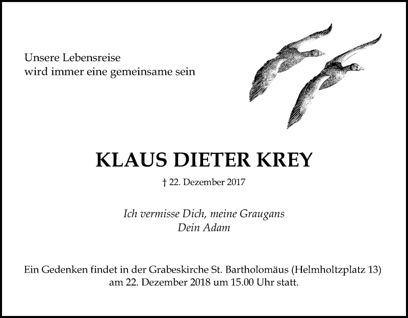  Traueranzeige für Klaus Dieter Krey vom 12.12.2018 aus Kölner Stadt-Anzeiger / Kölnische Rundschau / Express