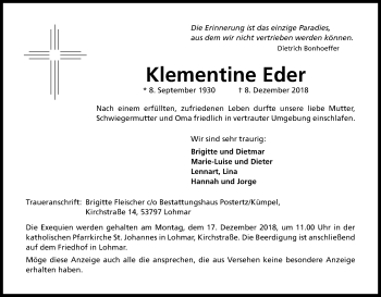 Anzeige von Klementine Eder von Kölner Stadt-Anzeiger / Kölnische Rundschau / Express