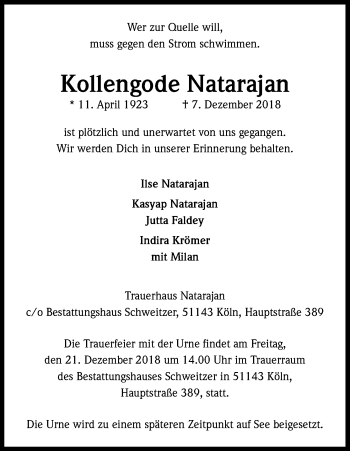 Anzeige von Kollengode Natarajan von Kölner Stadt-Anzeiger / Kölnische Rundschau / Express