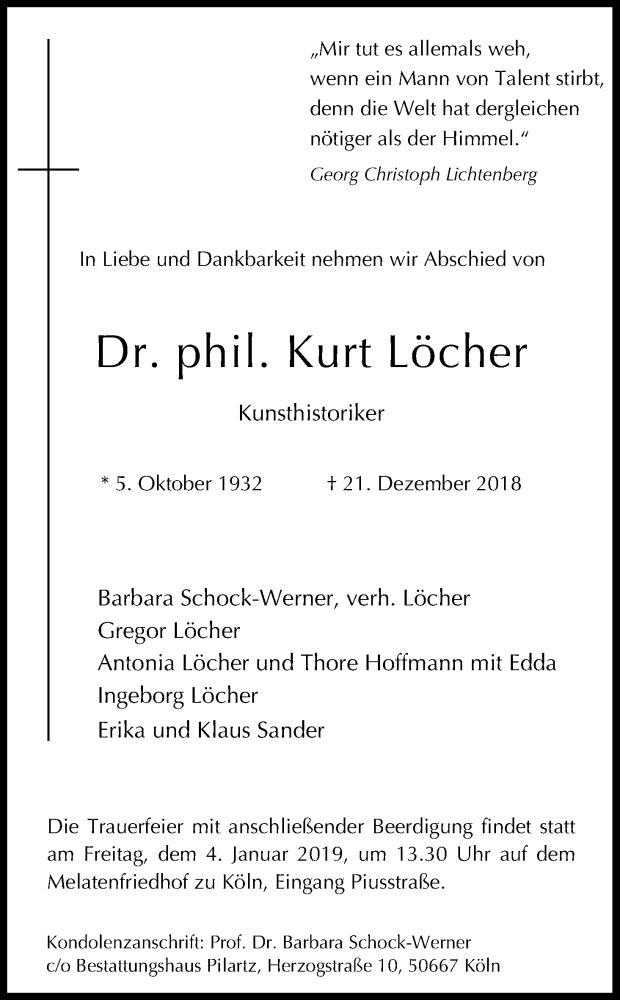  Traueranzeige für Kurt Löcher vom 29.12.2018 aus Kölner Stadt-Anzeiger / Kölnische Rundschau / Express