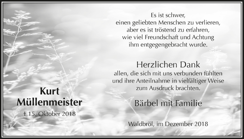  Traueranzeige für Kurt Müllenmeister vom 05.12.2018 aus  Lokalanzeiger 