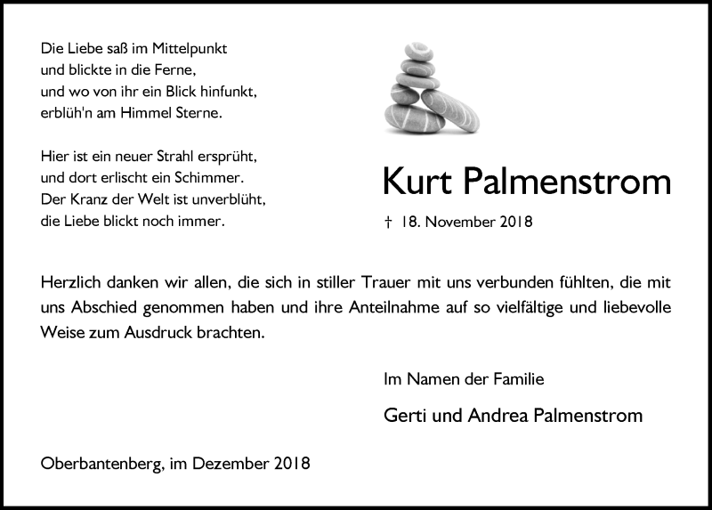  Traueranzeige für Kurt Palmenstrom vom 19.12.2018 aus  Anzeigen Echo 