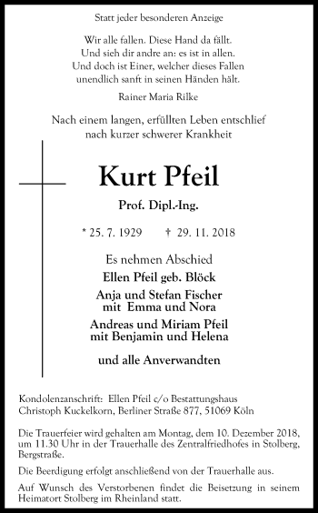 Anzeige von Kurt Pfeil von Kölner Stadt-Anzeiger / Kölnische Rundschau / Express