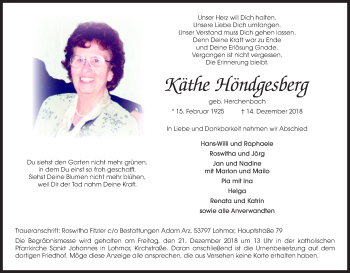 Anzeige von Käthe Höngesberg von Kölner Stadt-Anzeiger / Kölnische Rundschau / Express