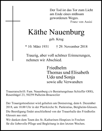 Anzeige von Käthe Nauenburg von Kölner Stadt-Anzeiger / Kölnische Rundschau / Express