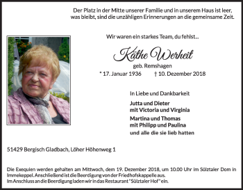 Anzeige von Käthe Werheit von Kölner Stadt-Anzeiger / Kölnische Rundschau / Express