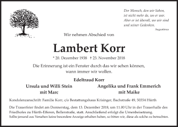 Anzeige von Lambert Korr von  Wochenende 