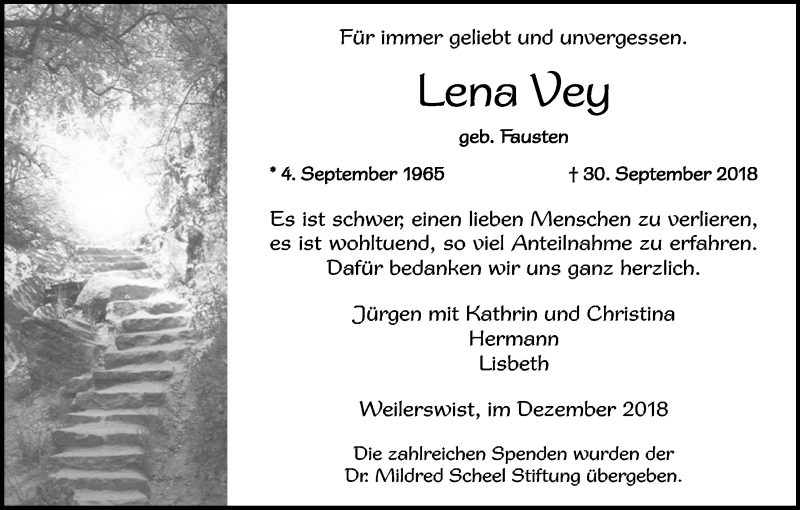  Traueranzeige für Lena Vey vom 08.12.2018 aus Kölner Stadt-Anzeiger / Kölnische Rundschau / Express