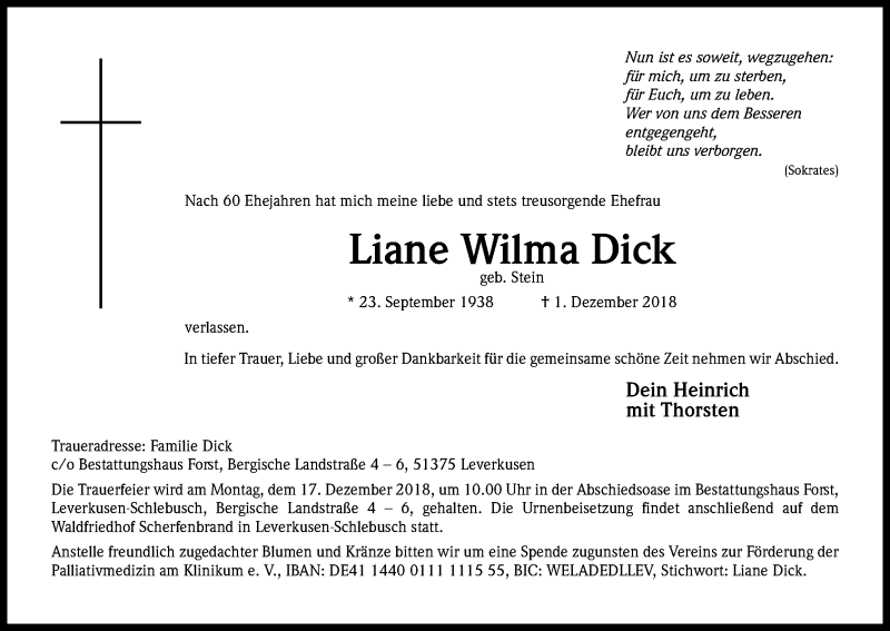  Traueranzeige für Liane Wilma Dick vom 08.12.2018 aus Kölner Stadt-Anzeiger / Kölnische Rundschau / Express