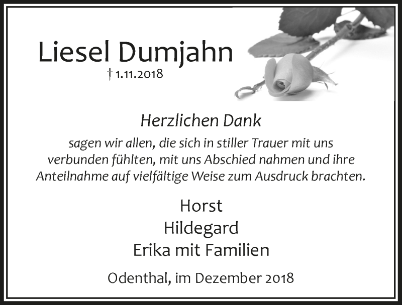  Traueranzeige für Liesel Dumjahn vom 22.12.2018 aus  Bergisches Sonntagsblatt 