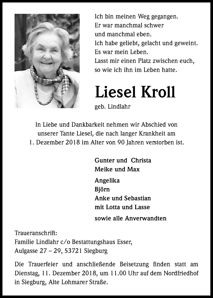  Traueranzeige für Liesel Kroll vom 06.12.2018 aus Kölner Stadt-Anzeiger / Kölnische Rundschau / Express