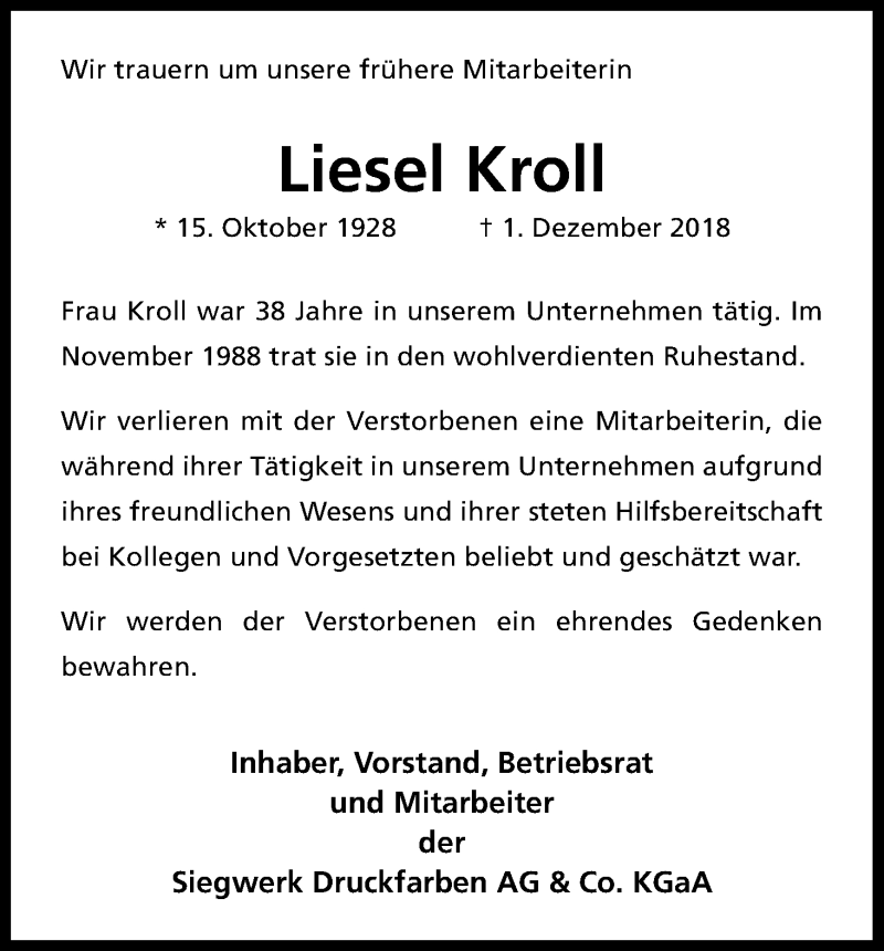  Traueranzeige für Liesel Kroll vom 13.12.2018 aus Kölner Stadt-Anzeiger / Kölnische Rundschau / Express