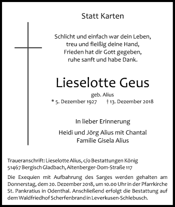 Anzeige von Lieselotte Geus von Kölner Stadt-Anzeiger / Kölnische Rundschau / Express