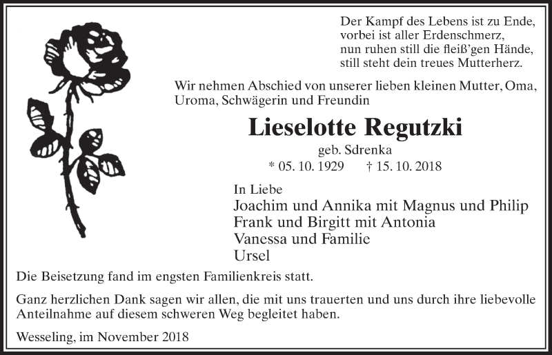  Traueranzeige für Lieselotte Regutzki vom 05.12.2018 aus  Schlossbote/Werbekurier 