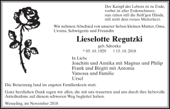 Anzeige von Lieselotte Regutzki von  Schlossbote/Werbekurier 