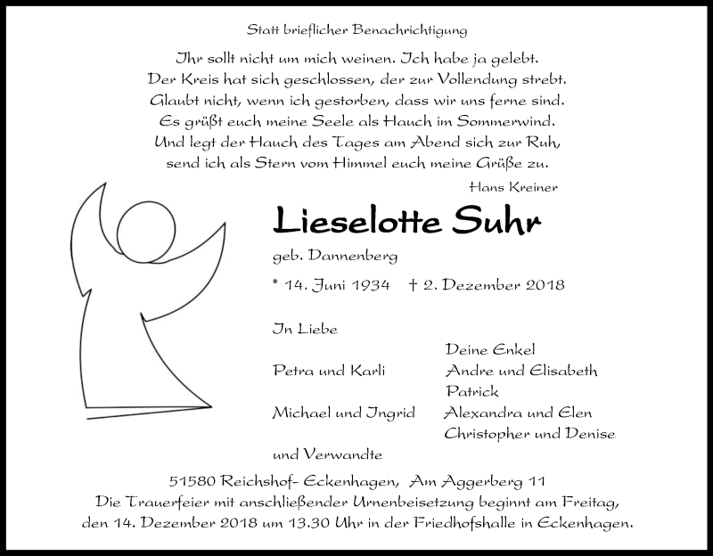  Traueranzeige für Lieselotte Suhr vom 08.12.2018 aus Kölner Stadt-Anzeiger / Kölnische Rundschau / Express