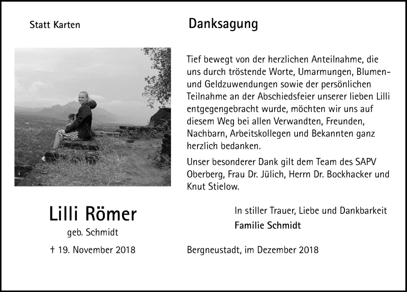  Traueranzeige für Lilli Römer vom 12.12.2018 aus  Anzeigen Echo 