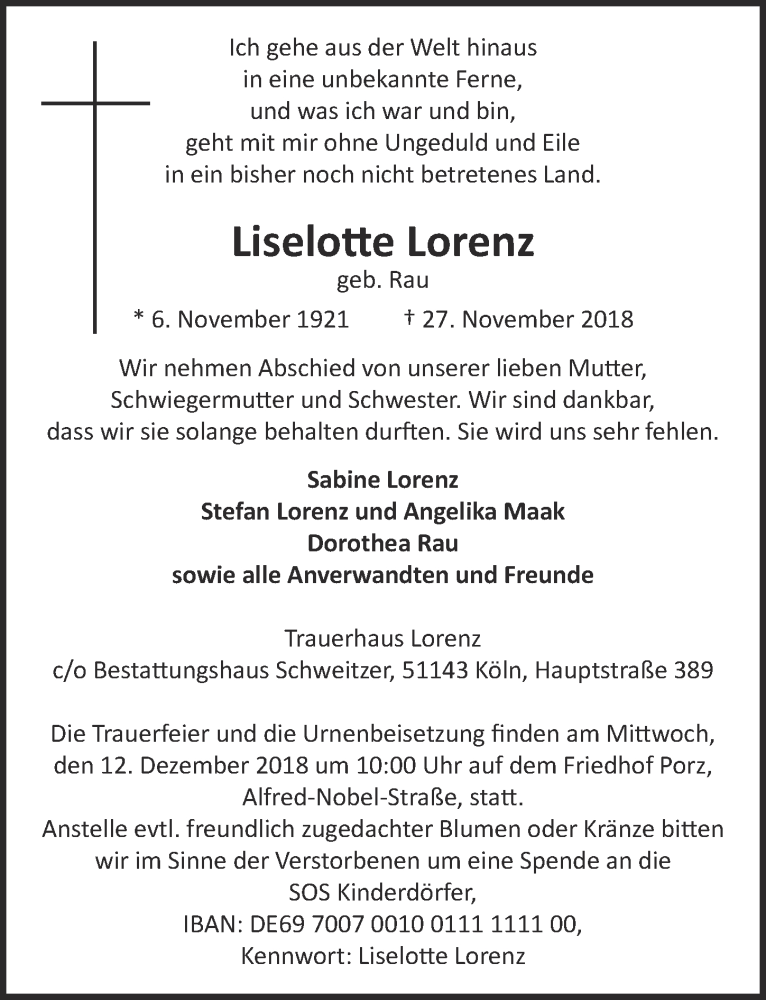  Traueranzeige für Liselotte Lorenz vom 05.12.2018 aus  Kölner Wochenspiegel 