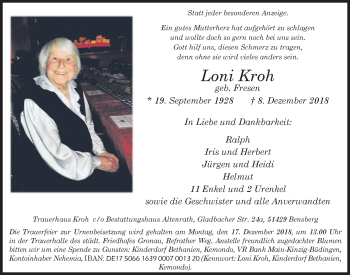 Anzeige von Loni Kroh von  Bergisches Handelsblatt 