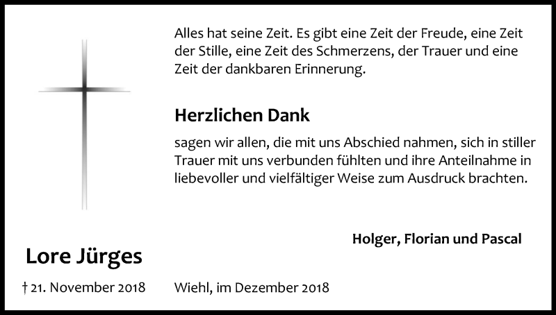  Traueranzeige für Lore Jürges vom 19.12.2018 aus Kölner Stadt-Anzeiger / Kölnische Rundschau / Express