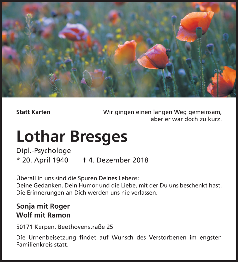  Traueranzeige für Lothar Bresges vom 08.12.2018 aus Kölner Stadt-Anzeiger / Kölnische Rundschau / Express