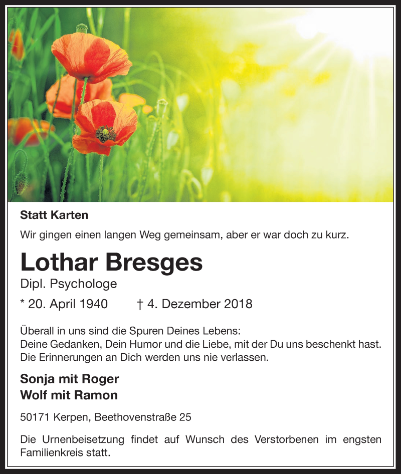  Traueranzeige für Lothar Bresges vom 12.12.2018 aus  Werbepost 