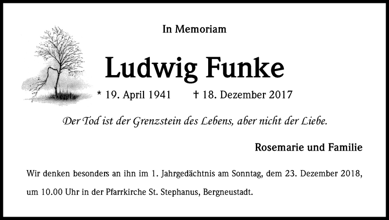  Traueranzeige für Ludwig Funke vom 18.12.2018 aus Kölner Stadt-Anzeiger / Kölnische Rundschau / Express