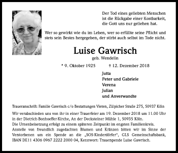 Anzeige von Luise Gawrisch von Kölner Stadt-Anzeiger / Kölnische Rundschau / Express