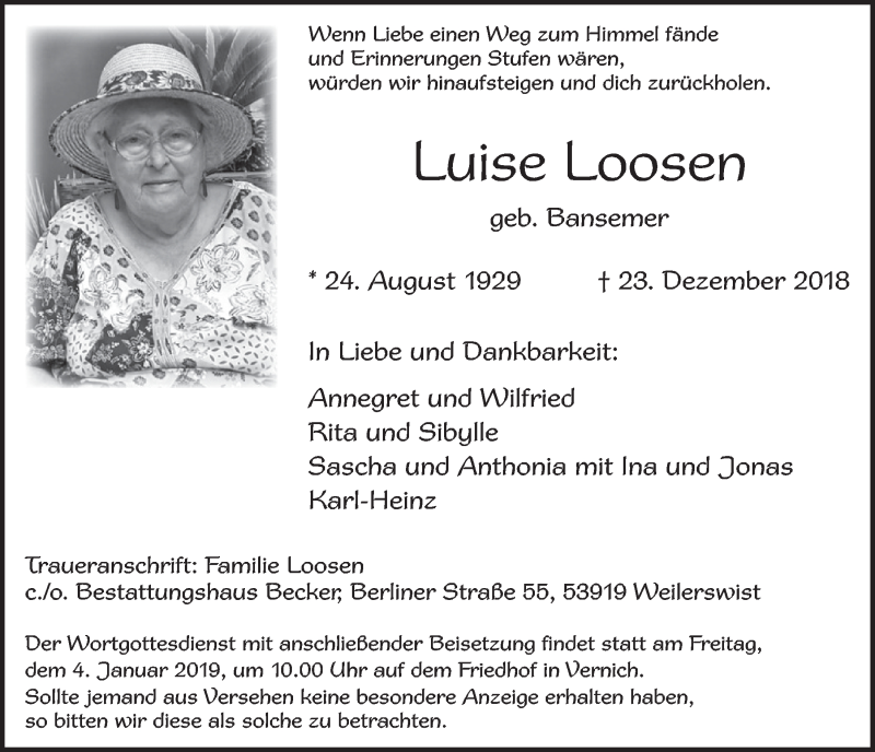  Traueranzeige für Luise Loosen vom 29.12.2018 aus  Blickpunkt Euskirchen 
