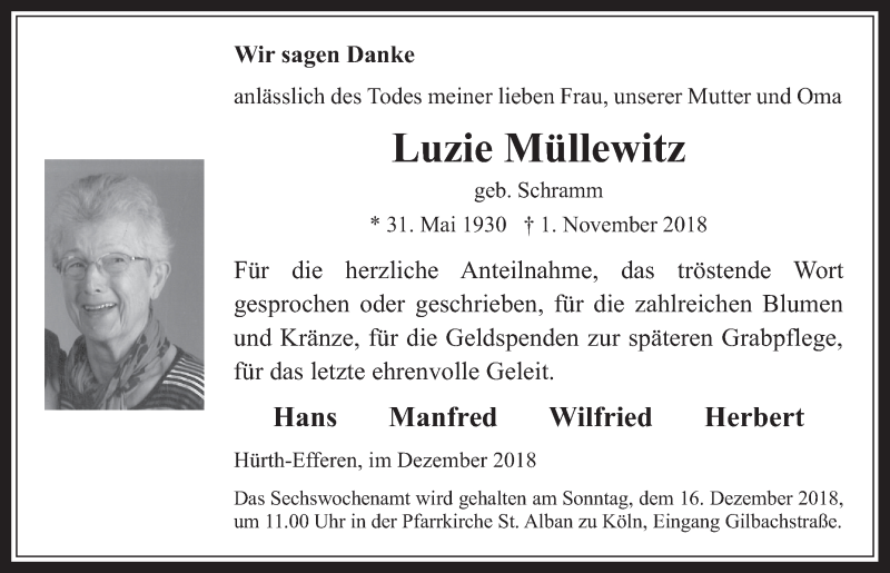  Traueranzeige für Luzie Müllewitz vom 05.12.2018 aus  Wochenende 