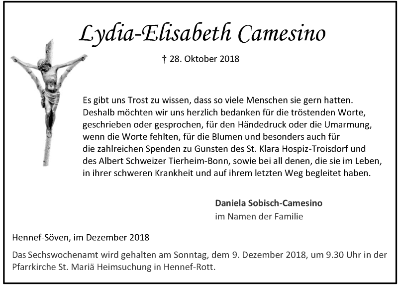  Traueranzeige für Lydia-Elisabeth Camesino vom 05.12.2018 aus  Extra Blatt 