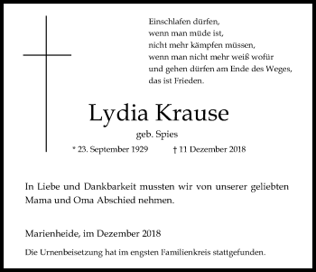 Anzeige von Lydia Krause von Kölner Stadt-Anzeiger / Kölnische Rundschau / Express
