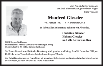 Anzeige von Manfred Gieseler von  Sonntags-Post 
