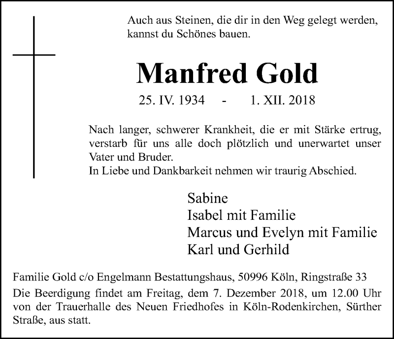 Traueranzeige für Manfred Gold vom 06.12.2018 aus Kölner Stadt-Anzeiger / Kölnische Rundschau / Express