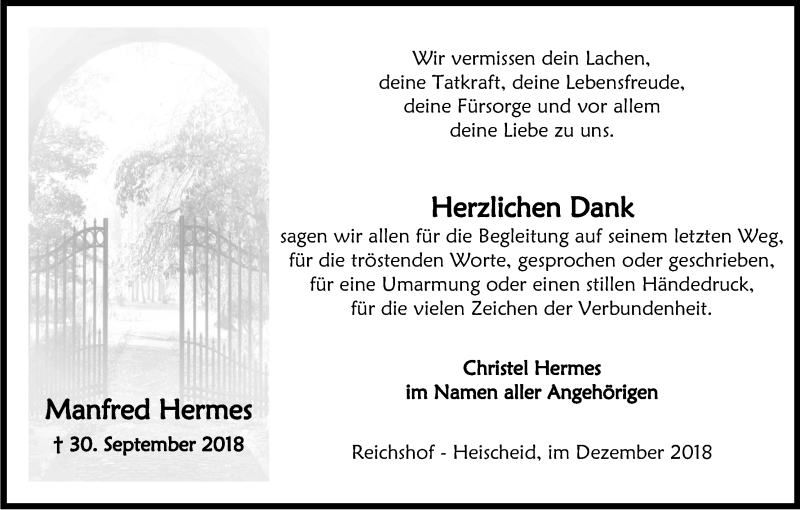  Traueranzeige für Manfred Hermes vom 15.12.2018 aus Kölner Stadt-Anzeiger / Kölnische Rundschau / Express