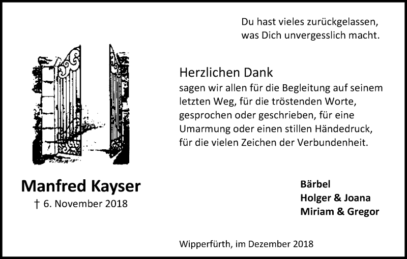  Traueranzeige für Manfred Kayser vom 22.12.2018 aus Kölner Stadt-Anzeiger / Kölnische Rundschau / Express