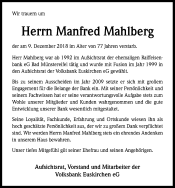 Anzeige von Manfred Mahlberg von Kölner Stadt-Anzeiger / Kölnische Rundschau / Express