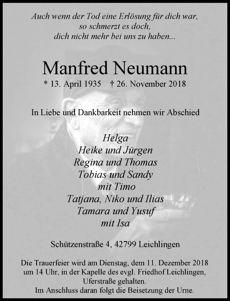  Traueranzeige für Manfred Neumann vom 08.12.2018 aus  Leverkusener Wochenende 