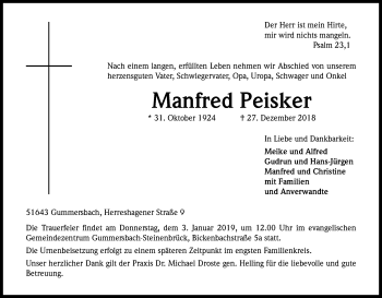 Anzeige von Manfred Peisker von Kölner Stadt-Anzeiger / Kölnische Rundschau / Express