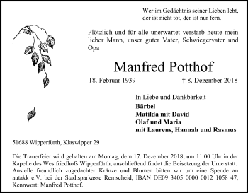 Anzeige von Manfred Potthof von Kölner Stadt-Anzeiger / Kölnische Rundschau / Express