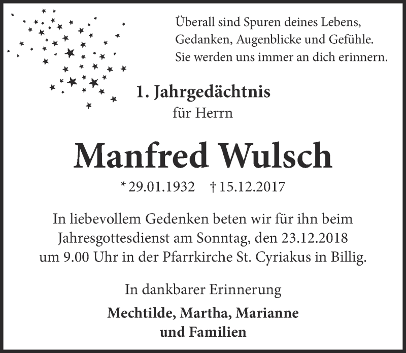  Traueranzeige für Manfred Wulsch vom 15.12.2018 aus  Blickpunkt Euskirchen 