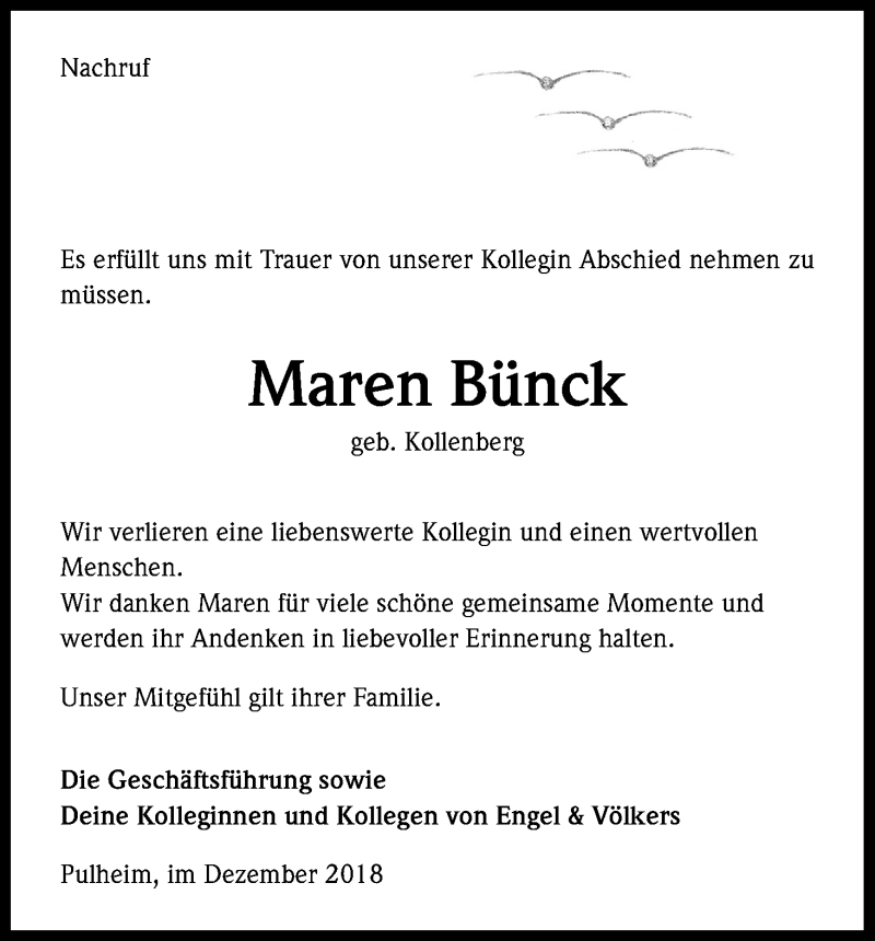  Traueranzeige für Maren Bünck vom 08.12.2018 aus Kölner Stadt-Anzeiger / Kölnische Rundschau / Express