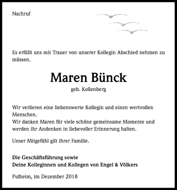 Anzeige von Maren Bünck von Kölner Stadt-Anzeiger / Kölnische Rundschau / Express