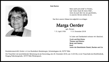 Anzeige von Marga Oerder von Kölner Stadt-Anzeiger / Kölnische Rundschau / Express