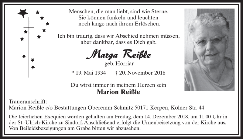  Traueranzeige für Marga Reißle vom 08.12.2018 aus  Sonntags-Post 