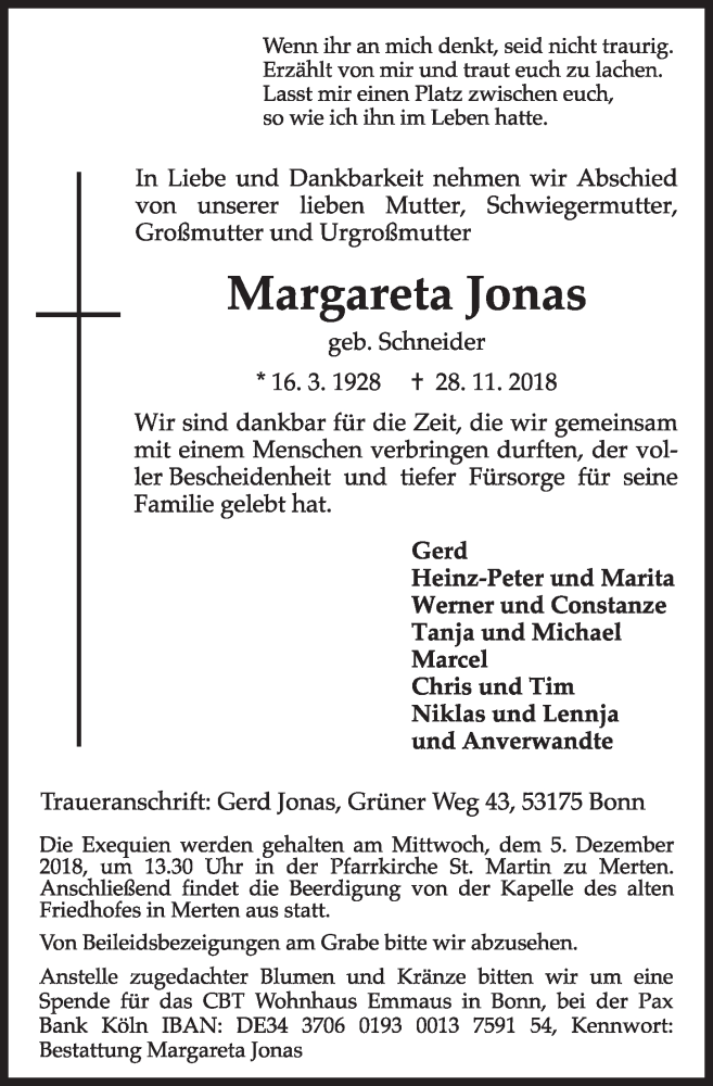  Traueranzeige für Margareta Jonas vom 05.12.2018 aus  Schlossbote/Werbekurier 