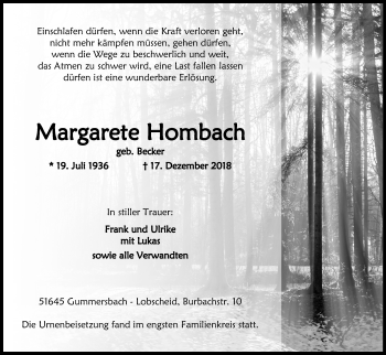Anzeige von Margarete Hombach von Kölner Stadt-Anzeiger / Kölnische Rundschau / Express