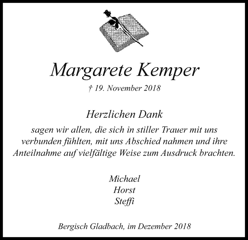  Traueranzeige für Margarete Kemper vom 08.12.2018 aus Kölner Stadt-Anzeiger / Kölnische Rundschau / Express