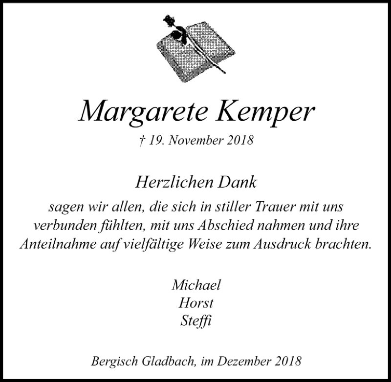  Traueranzeige für Margarete Kemper vom 12.12.2018 aus  Bergisches Handelsblatt 